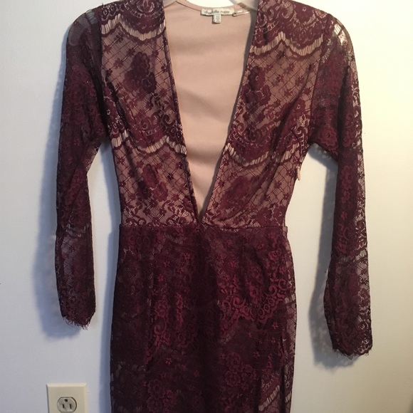 Deep Plunge V-neck dark purple lacey mini dress - Picture 2 of 8